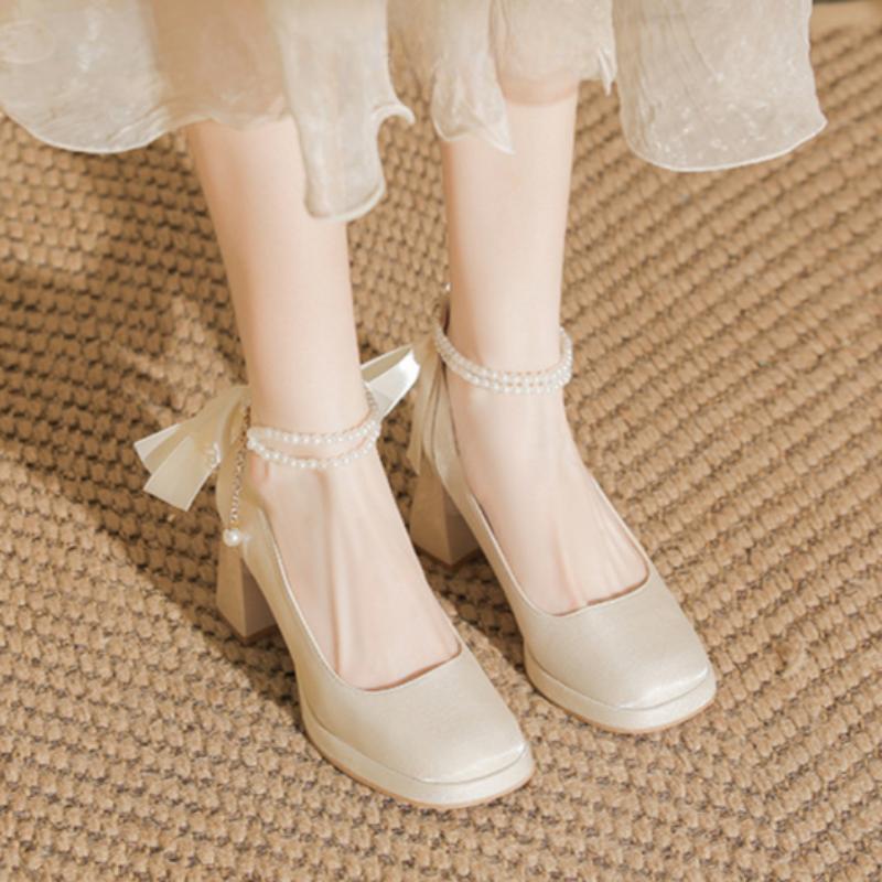 Thick-soled Waterproof Platform Petite Mary Jane Shoes for Ladies Bridesmaids High Heels