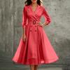 Abito Midi da Donna con Scollo a V e Maniche Lunghe - Colore con Vita Sagomata per Uso Casual
