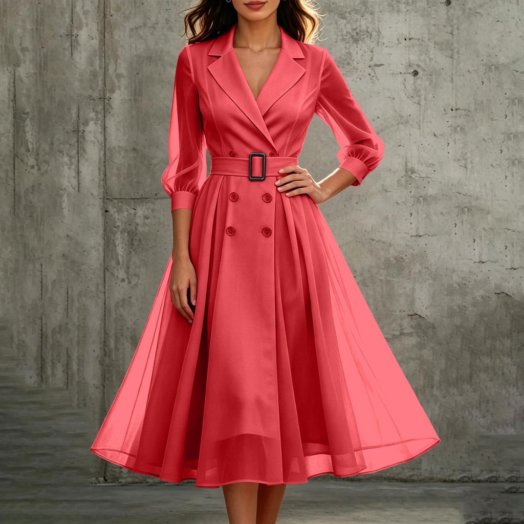 Abito Midi da Donna con Scollo a V e Maniche Lunghe - Colore con Vita Sagomata per Uso Casual