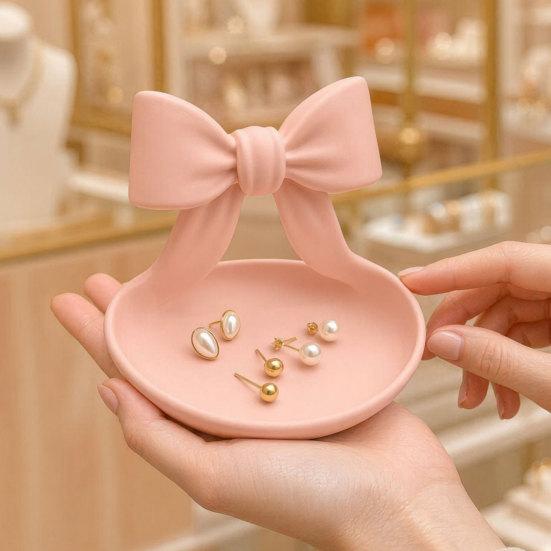 3D Printed Bow Jewelry Organizer Tray, Decorative Ribbon Bow Ring Holder for Rings Earrings Necklace, Vanity Storage Dish for Dresser, Desk, Vanity