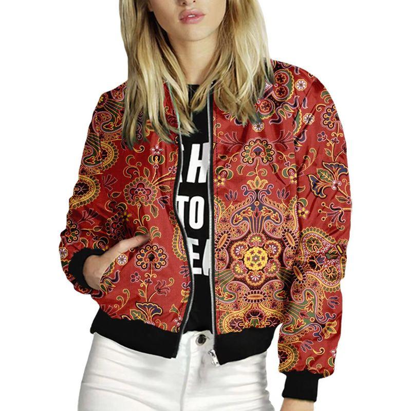 New Fall Women's Clothing Fashion Style Print Long Sleeve Short Coat round Neck Zipper Street High Thin Jacket Tops