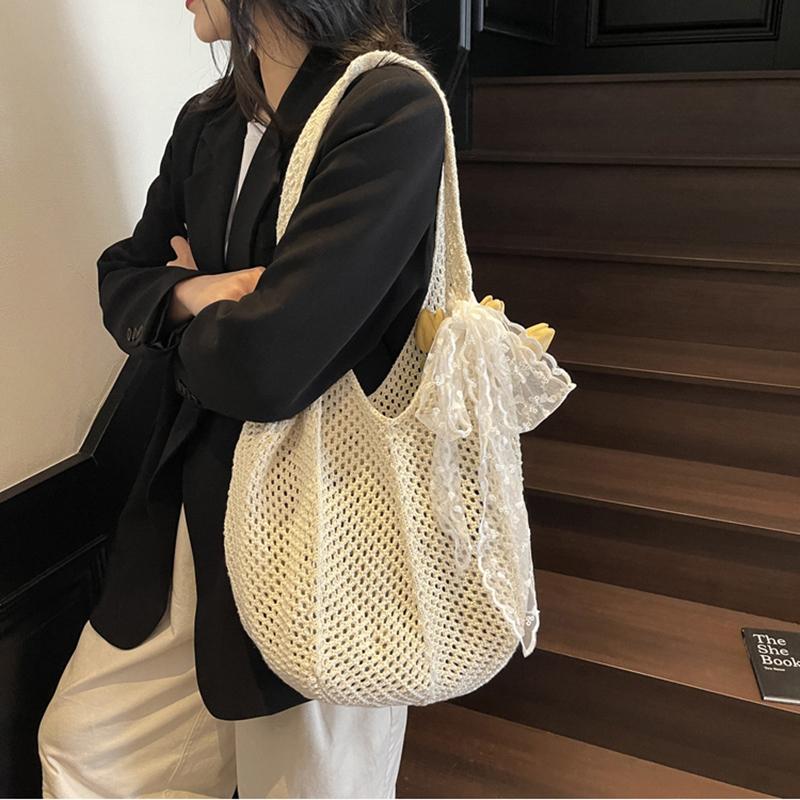 Yogodlns Women Hollow Out Crochet Tote Bag Fashion Knitted Bag Large Capacity Scarf Decor Handbag Female Summer Beach Solid Color Woven Shoulder Bag