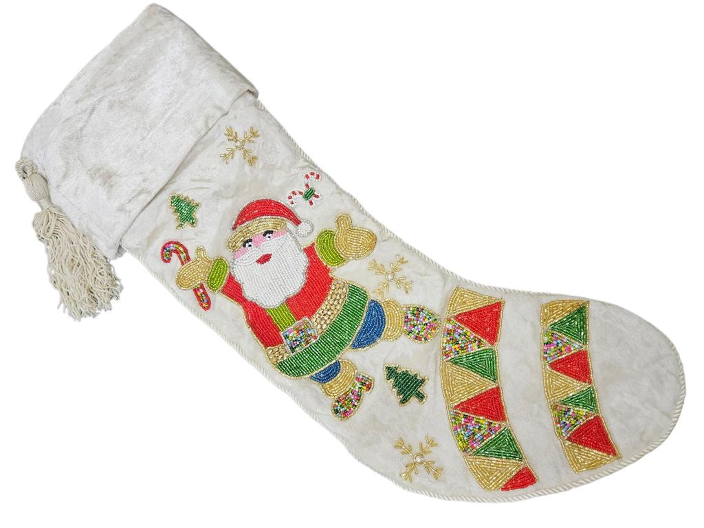 Handmade Beaded Santa Christmas Stocking – 21” Large Velvet Holiday Decor Fireplace Stocking Santa Claus Christmas Decoration & Gift Bag