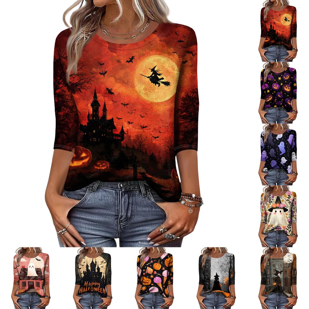 Women's Casual Crew Neck Three Quarter Sleeve Halloween Print T Shirt Top Lightweight Comfortable Fit for Everyday Wear