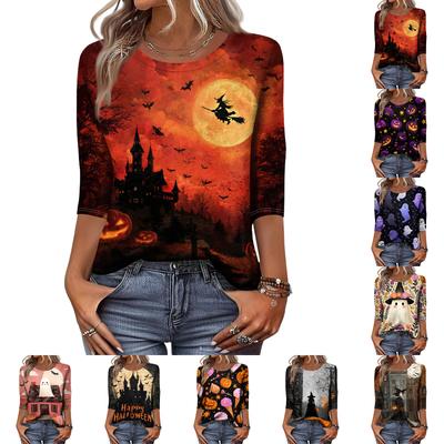 Women's Casual Crew Neck Three Quarter Sleeve Halloween Print T Shirt Top Lightweight Comfortable Fit for Everyday Wear