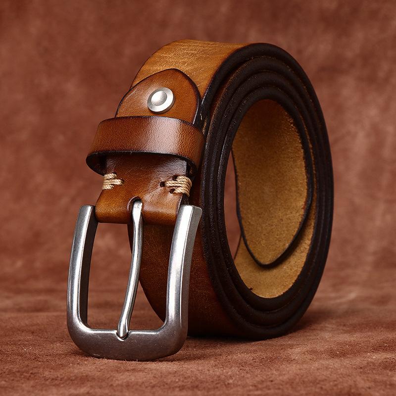 Rare Thickened Extra Thick First Layer Cowhide Belt Men'S Genuine Leather Stainless Steel Buckle Washed Retro Simple Casual Belt