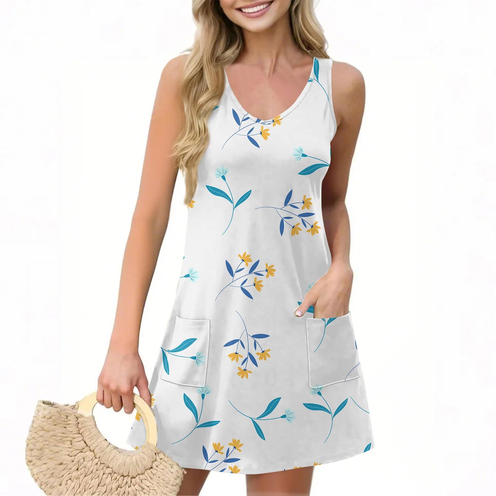 

Жіноча повсякденна літня безрукавка з кишенями та квітковим принтом без рукавів з V-подібним вирізом S