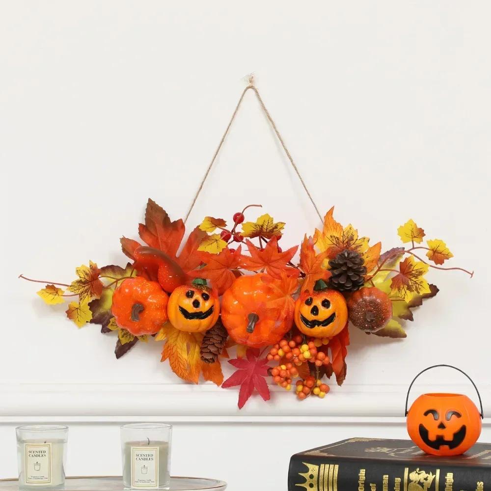 Halloween Maple Leaf Door Decor Autumn Pumpkin Maple Leaf Decor Halloween Front Door Wreath Pendant Decoration for Room Door