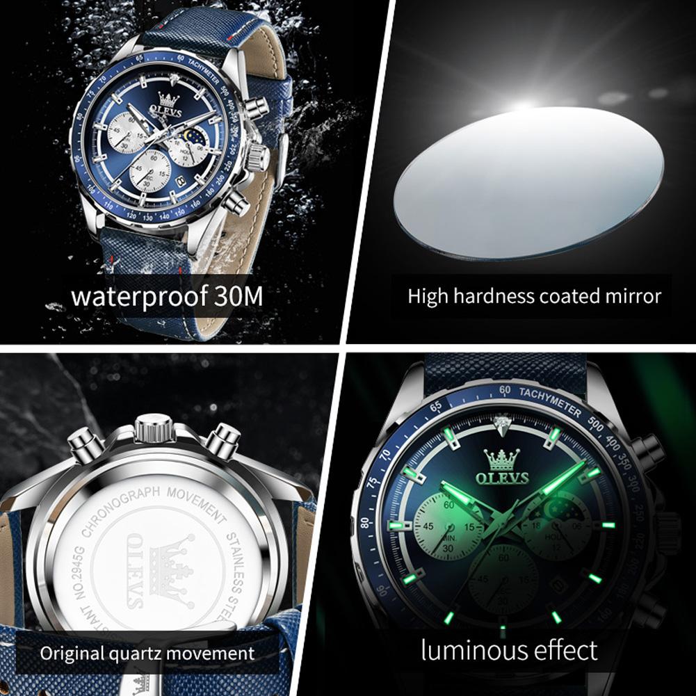 OLEVS Brand Luminous Calendar Waterproof Business Fashion Three Eye Six Pin Business Steel Band Men's Watch 2945