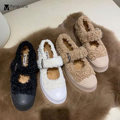 Fashion Creepers Curly Wool Fur Flats Woman Winter Mary Janes Shoes Women Muffins Buckle Band Lambswool Loafers Ladies Platform Shoes