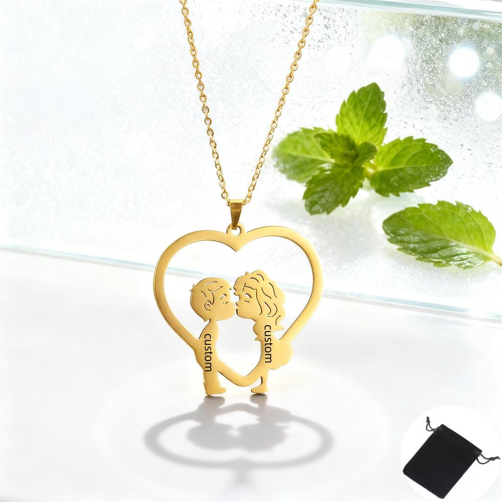 Customized Name Couple Kiss Little Person Necklace Stainless Steel Personalized Heart Name Love Necklace Jewelry Gift