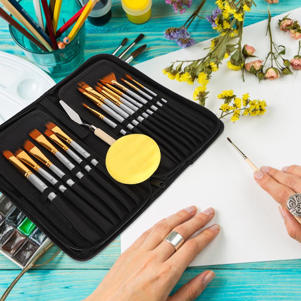 17Pcs Painting Brush Set Acrylic Professional Silver Round Rod Nylon Wool Art