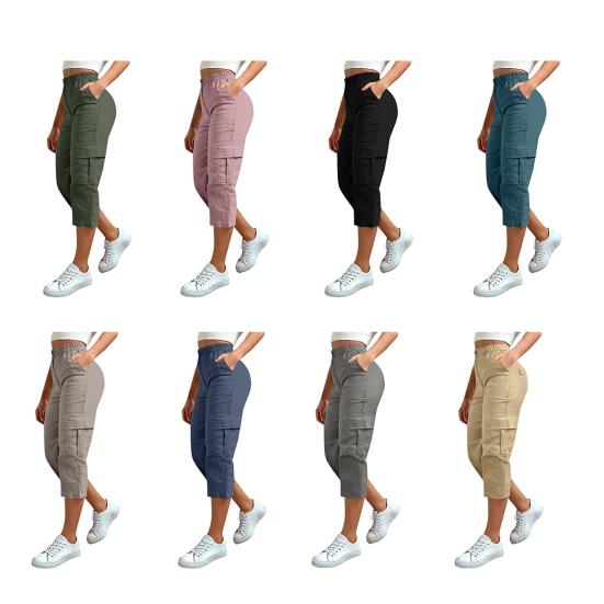 Women Cropped Pants Elastic High Waist Straight Leg Cargo Pants with Pockets Summer Casual Pants Versatile Wear