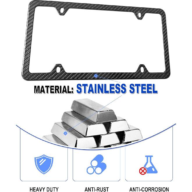 Carbon Fiber License Plate Frame- Stainless Steel Car Tag Holder Wrapped with Real Carbon Fiber, 4 Hole Slim Design, Anti-Theft Screws Caps,