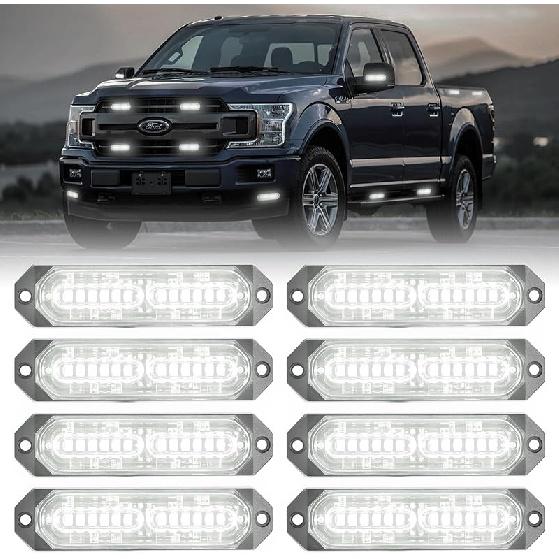 8Pcs Amber White Surface Mount Emergency Strobe Lights For Trucks, Ultra Slim Grille Warning Flashing Light Bar For Vehicles/Car