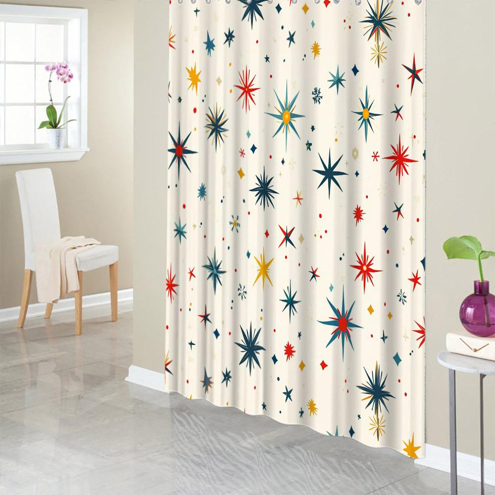Colorful Star Pattern Shower Curtain - Mid-Century Modern, 4 Colors, Polyester, Light Beige, 12 Hooks, 70.8x70.8 Inches