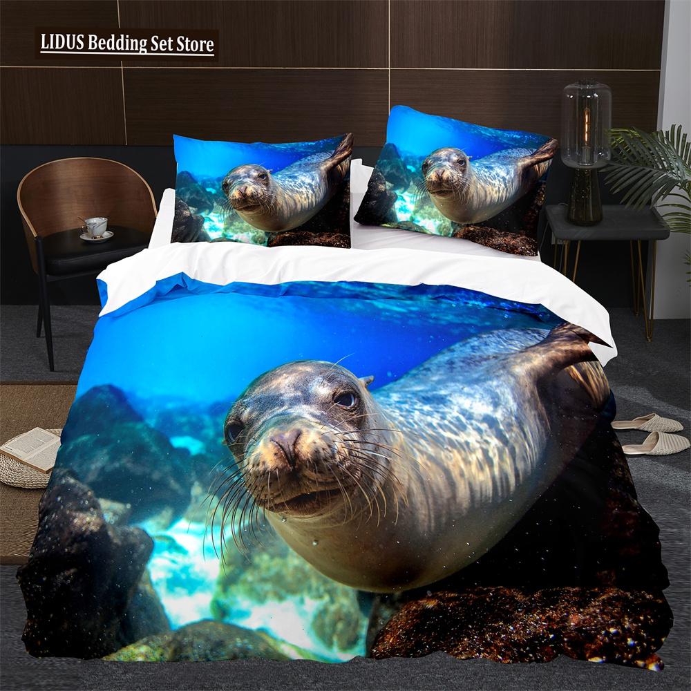 Sea Lion Duvet Cover King Queen Size Lovely Ocean Animals Bedding Set For Kids Boys Girls Blue Sea Beach Polyester Quilt Cover