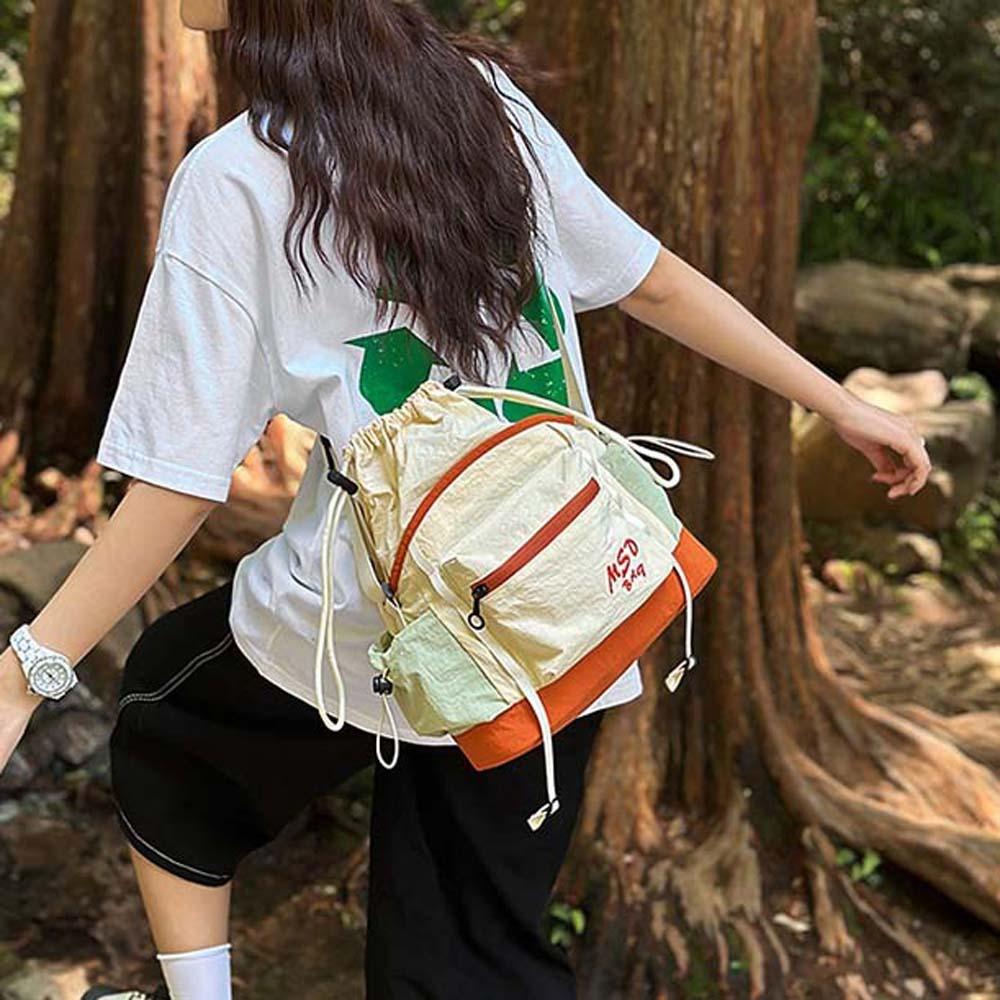 Portable Outdoor Nylon Shoulder Pouch Embroidery Drawstring Bucket Cloth Bag  Hiking