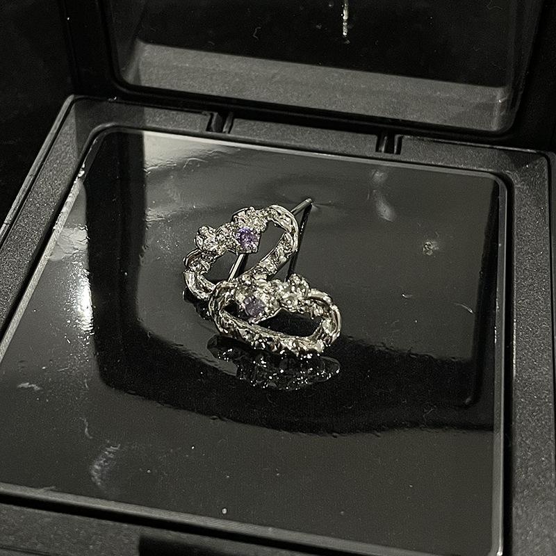 Fioletowy Cyrkon Inkrustowany Niszowy Design Prosty Nieregularny Naszyjnik Wysokiej Klasy Kolczyki Sztyfty Otwarty Pierścionek Zestaw