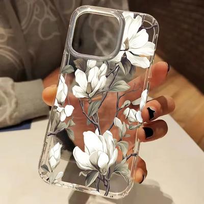 White Magnolia Floral Branch Pattern Clear Phone Case For iPhone 17 16 15 14 11 12 13 Pro Max Air 14 15 Plus XS X XR Soft Cover