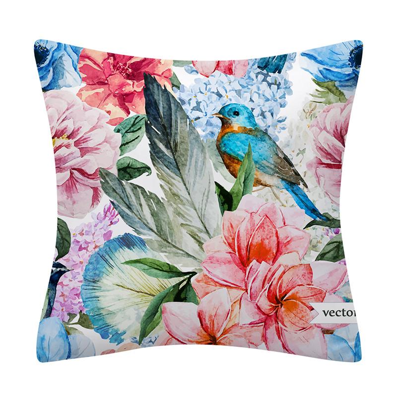 Colorful Plant Flower and Bird Print Pattern Polyester Cushion Cover for Home Living Room Sofa Bedroom Decorative Pillowcase