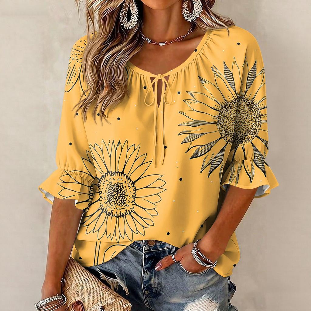 Women's Retro Floral Print Blouse with Ruffle Three-Quarter Sleeves and Tie Front