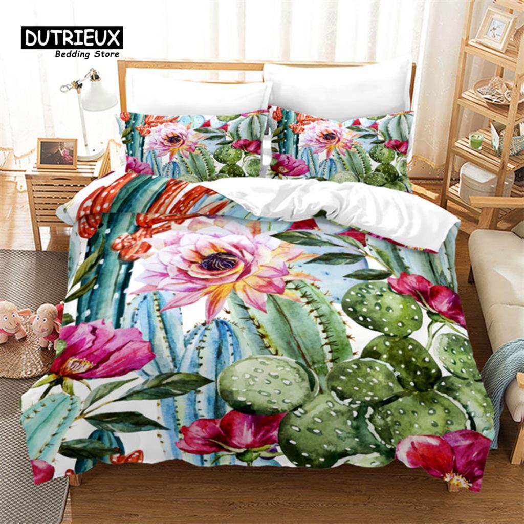 Chic Cactus Bedding Set Queen For Kids Teen Decor Cartoon Green Plants Succulents Duvet Cover Nature Art Floral Comforter Cover
