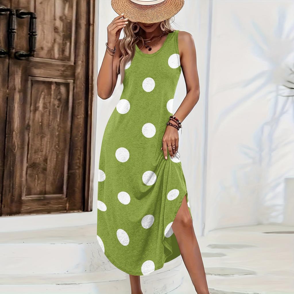 Damen ärmelloses lässiges Maxikleid lockere Passform lang mit Polkapunktdruck Sommerkleid seitlicher Schlitz leichtes bequemes Kleid