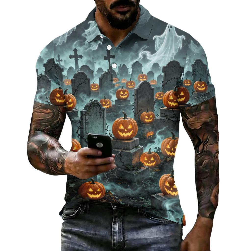 Mens Halloween Printed Vintage Texture Short Sleeve Polo Shirt Loose Breathable Summer Sports Streetwear Casual Top