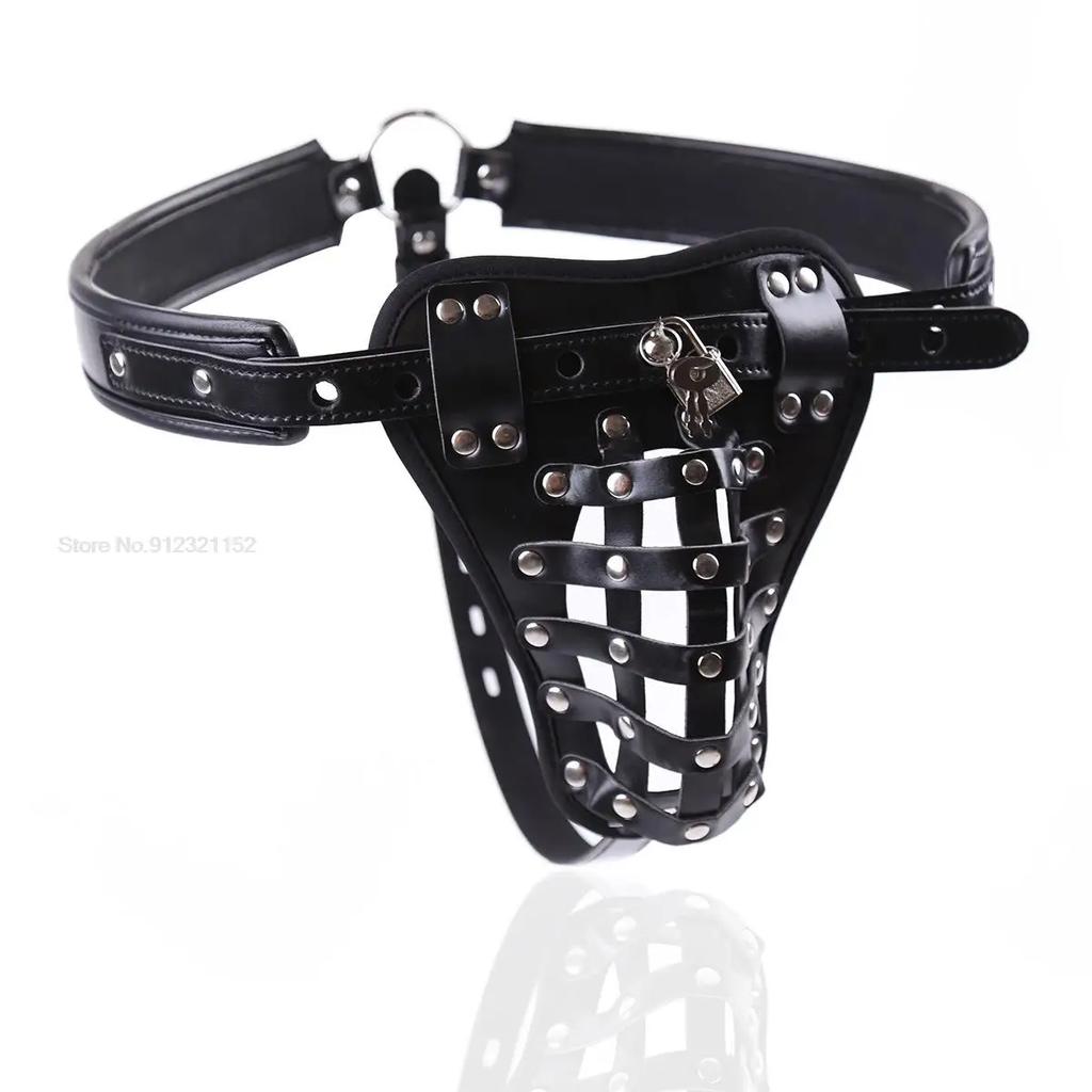 BDSM PU koža Muž Cudnosť Cage Pás Nohavice Nohavice Spodná bielizeň Zámok Penis Krúžky Bondage Erotické sexuálne hračky pre mužov Hry pre dospelých 18+