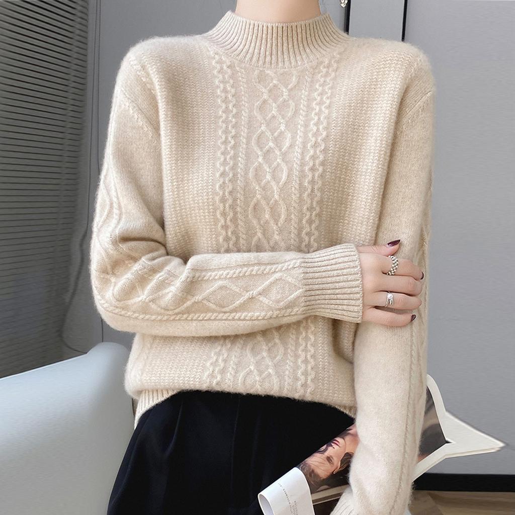 Women's Long Sleeved Knitted Sweater Twisted Pattern Half High Collar Top