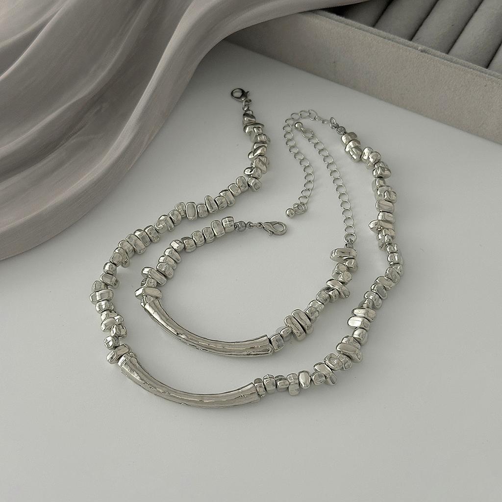 Sleek Design Minimalist Cool-Tone Irregular CCB Beaded Choker Necklace - High-End INS Trendy Curved Tube Necklace for Women
