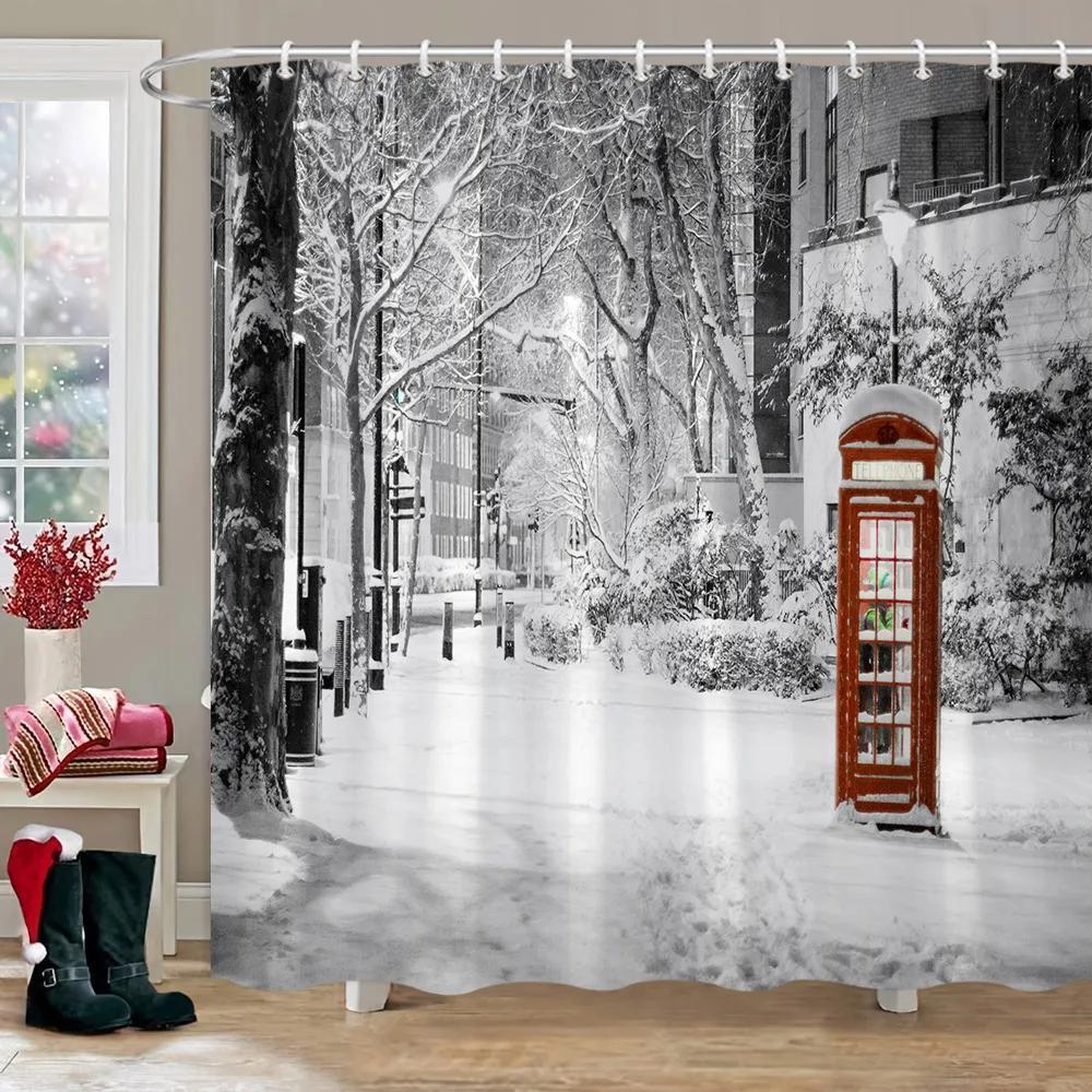 Winter Outdoor Forest Snow Shower Curtain Simulation Window Landscape Polyester Fabric Water Shower Curtains Bathroom Decoration