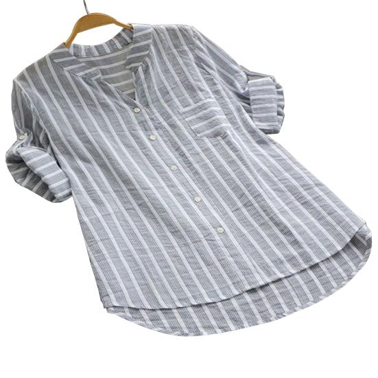 Fashion Women Vertical Stripe V Neck 3/4 Sleeve Button Loose Casual Shirt Blouse