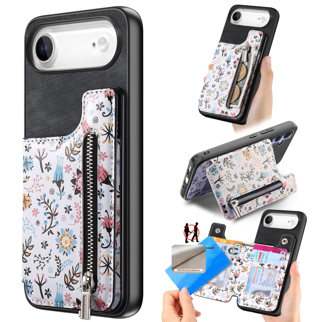 For iPhone Air Leather Phone Cover with RFID Blocking Zipper Card Bag Kickstand