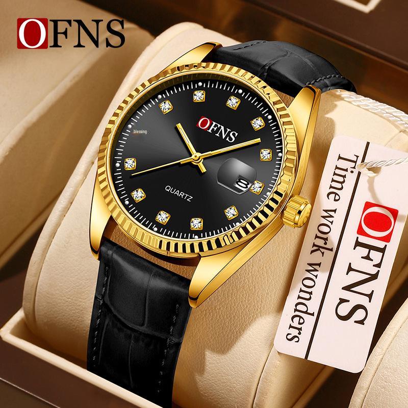 Oufanni Unisex Luminous Quartz Watch with Sunburst Dial and Waterproof Leather-Steel Band.