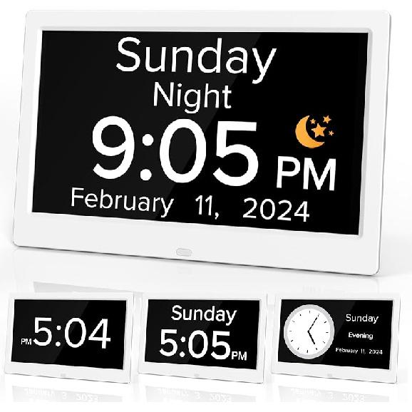10-дюймовый цифровой календарный будильник, часы с большим дисплеем для людей с деменцией, отображающие день недели и дату, с функцией летнего времени и дистанционным управлением, часы в подарок для пожилых людей, при болезни Альцгеймера белый