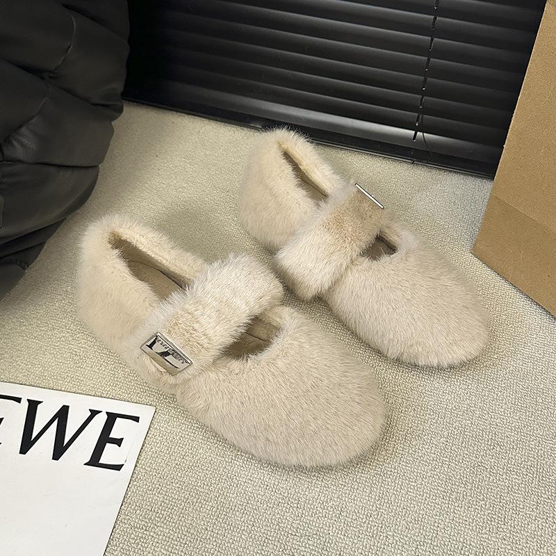 Inner Height Increase Thick-soled Plush Warm Fluffy Shoes Women Wear Velcro In Autumn and Winter, Foreign Style Mary Jane Single Shoes Cotton Shoes