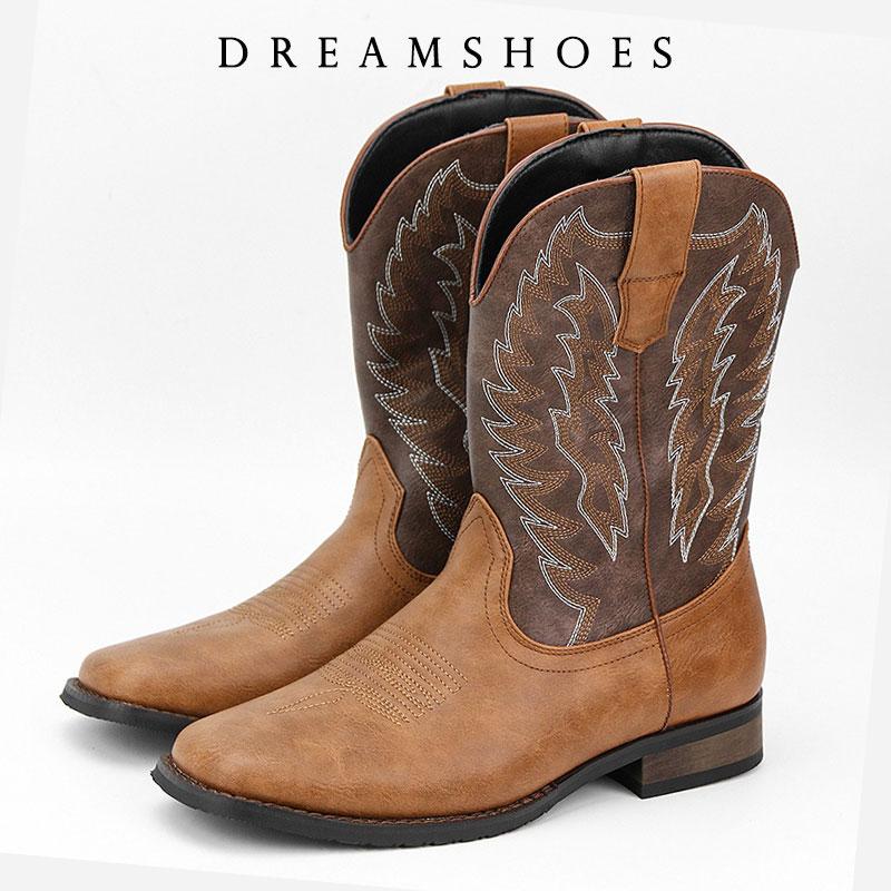Men Mid-calf Boots Embroidery Retro Handmade Mens Boots Western Cowboy Boot Pointed Toe Boots Hand Stitching Outdoor Men's Shoes