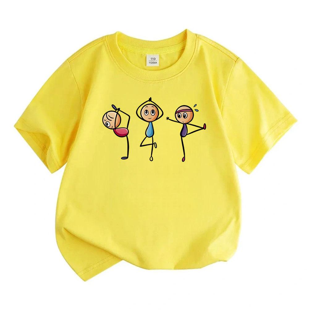 Kids Boys Girls 100% Cotton Crew Neck Short Sleeve T-Shirt, Cute Stick Figure Gym Workout Yoga Cartoon Print Casual Soft Breathable Summer Tee for Spo