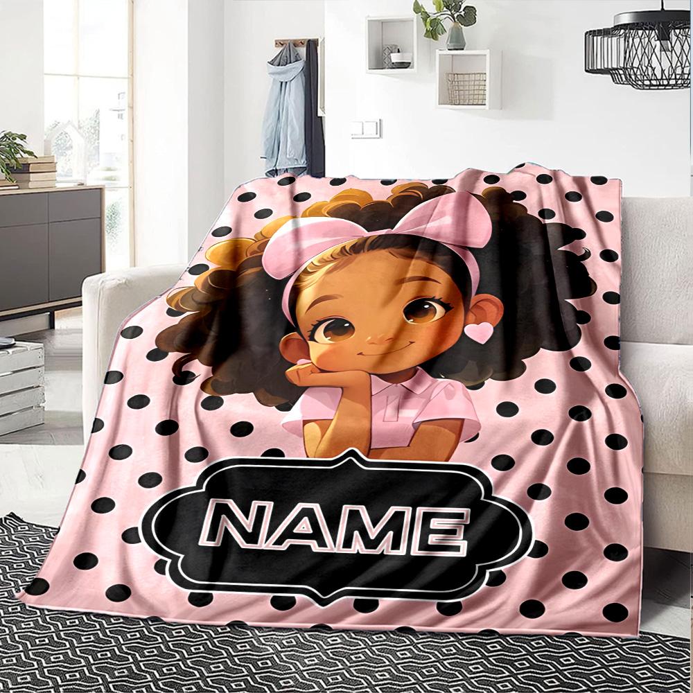 Happy Girl Bow Multi-purpose Customizable Blanket Personalized Text Durable Comfort Versatile for Sofa Couch Office Bed Picnics