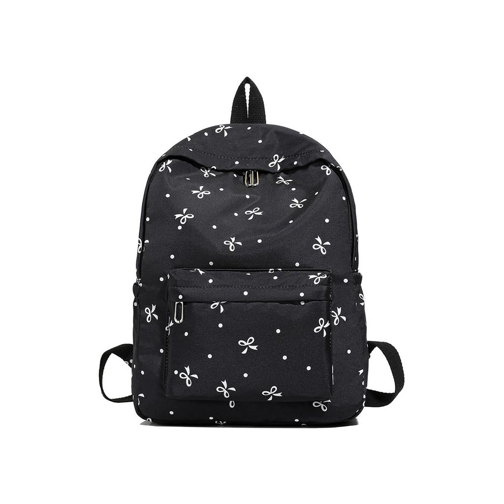 Nylon Material Bow Print Backpack Quilted Design Multi-Pocket Large Capacity School Bag Adjustable Straps Reinforce Structure