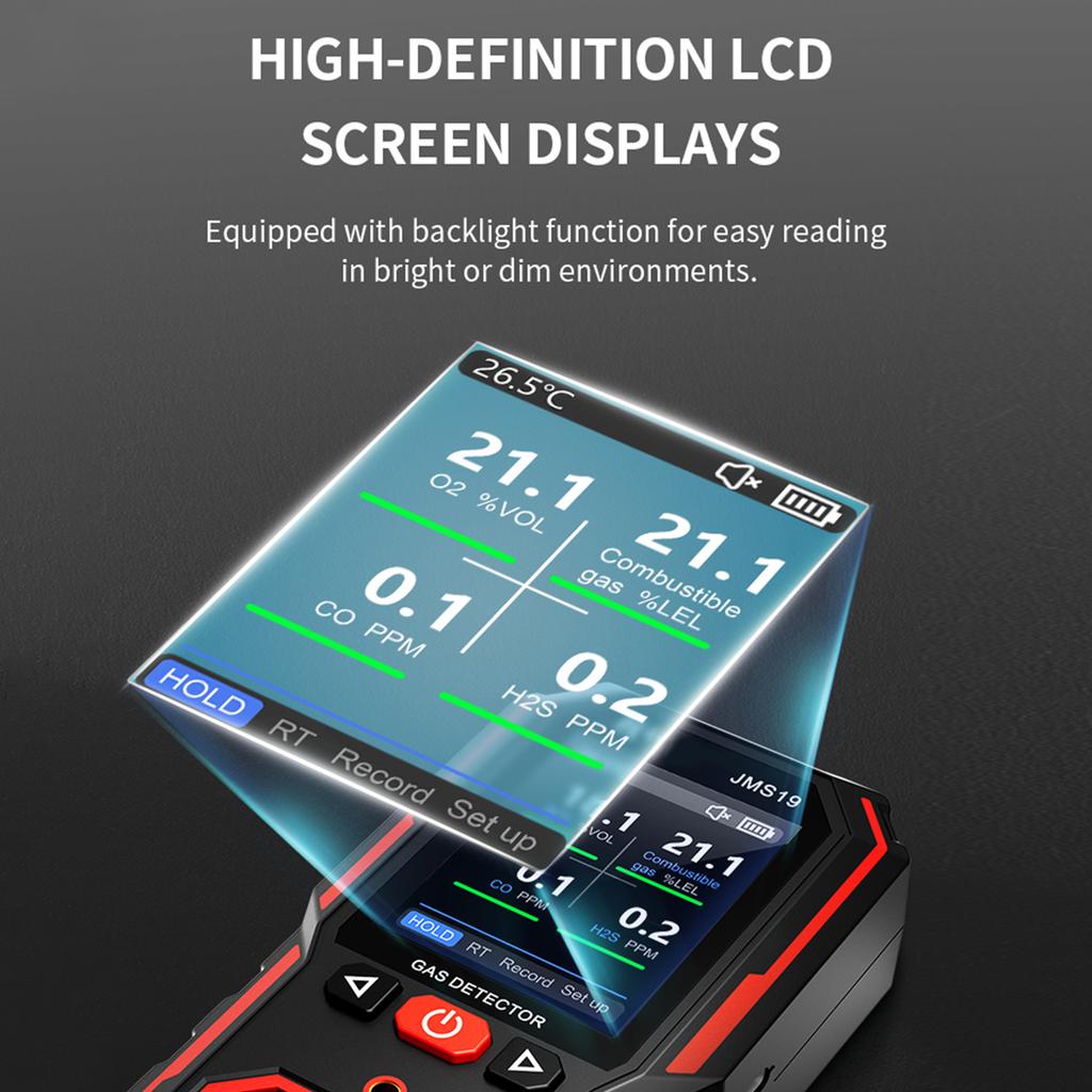 4 in 1 Gas Detector, Portable O2 LEL CO H2S Monitor with LCD Display and Backlight, Data Storage, Multi Gas Detector