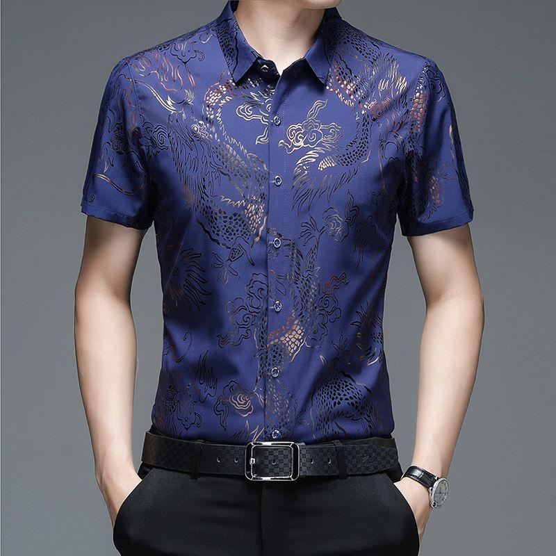 Summer Men's Ice Silk Short-sleeved Shirt Thin Plus Size Breathable Anti-wrinkle Pocket Printed Shirt