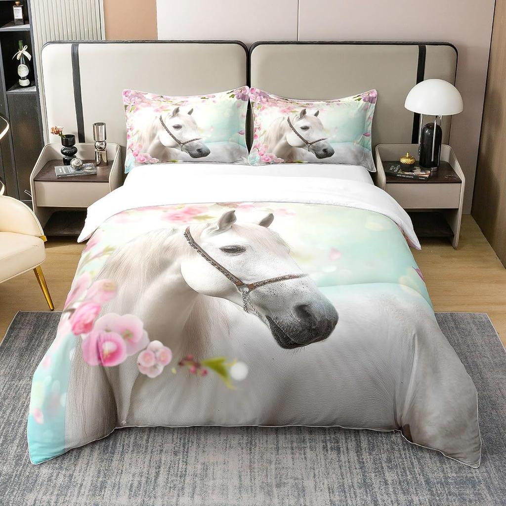 Pentium Horse Duvet Cover Pink Cherry Blossom Wildlife Bedding Series Three-Piece Set