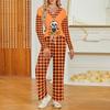 Conjunto de pijama de manga larga con cuello en V y corte holgado para mujer con estampado de Halloween y bolsillos
