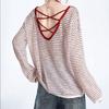 Plus Size Red Striped Backless Long Sleeve Sun Protection Women's Summer Top