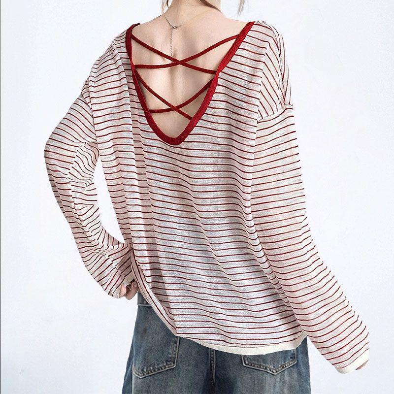 Plus Size Red Striped Backless Long Sleeve Sun Protection Women's Summer Top