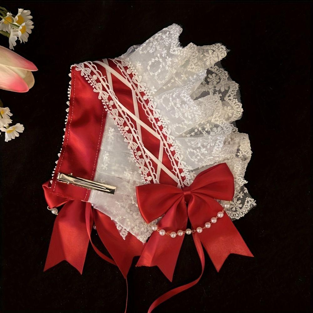 Pearl Lolita Lace Headband Ribbon Bow Maid Cosplay Headdress Cute Ruffled Hairband Cosplay