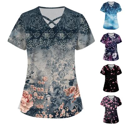 Women's Short Sleeve Stagger V Neck Print Pocket Dry-nurse Top